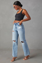 Ripped Raw Hem High Waist Jean