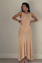 Sexy O Neck See Through Fit and Flare Maxi Dress