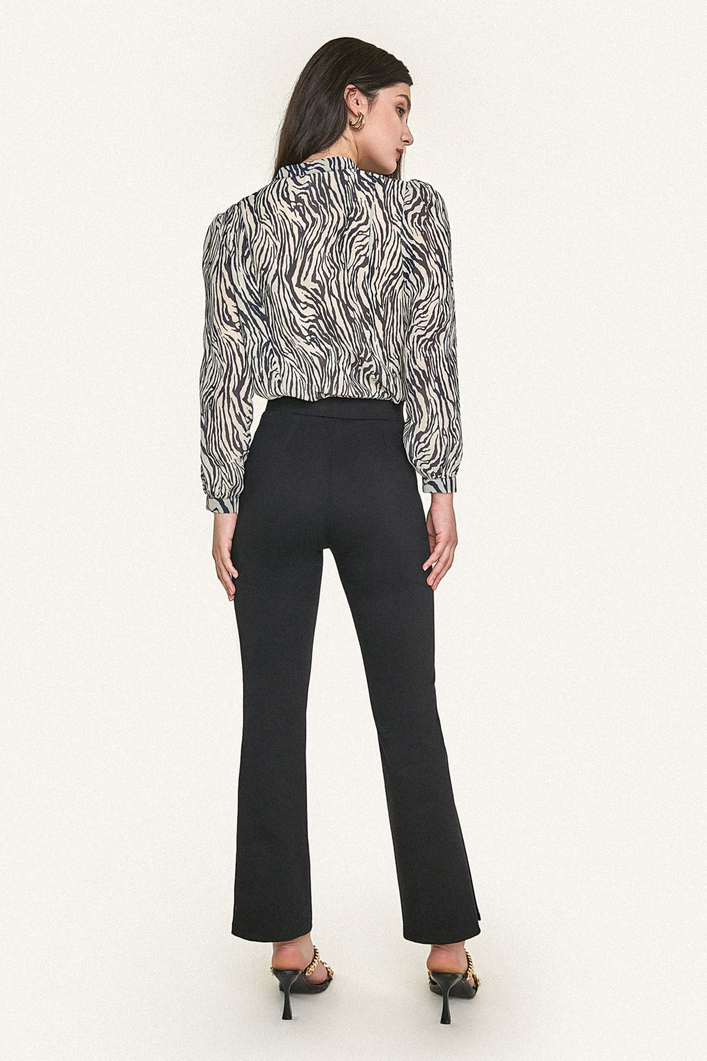 Black Zebra Print Ruffle Trim Button-Up Chiffon Work Shirt