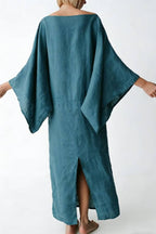 Stacie Linen Blend Wide Neck Batwing Sleeves Tie-up Waist H-line Maxi Dress