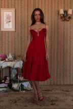 Deep V 3D Floral Sheer Midi Party Dress