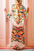 Venice Satin Colorful Baroque Style Print High Neck Tie-up Half Bell Sleeve Maxi Dress
