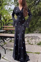 Elegant V Neck Flare Sleeve Maxi Floral Dress