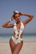 Solid Cutout 3D Floral One Piece Swimwear