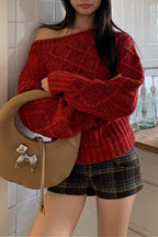 Red Asymmetric Off-Shoulder Thick Cable Waist-Cinched Sweater