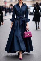 Shirt-collar, fitted-waist long dress