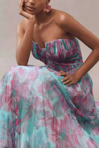Strapless Floral Print Pleated Swing Maxi Dress