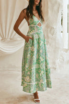 Linen Blend Unique Print V-neck Sleeveless Cutout Waist-cinching Maxi Dress