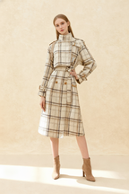 Autumn Winter Long Loose Warm Plaid Wool Blends Sleeve Belt Double Breasted Woolen Stylish Coat