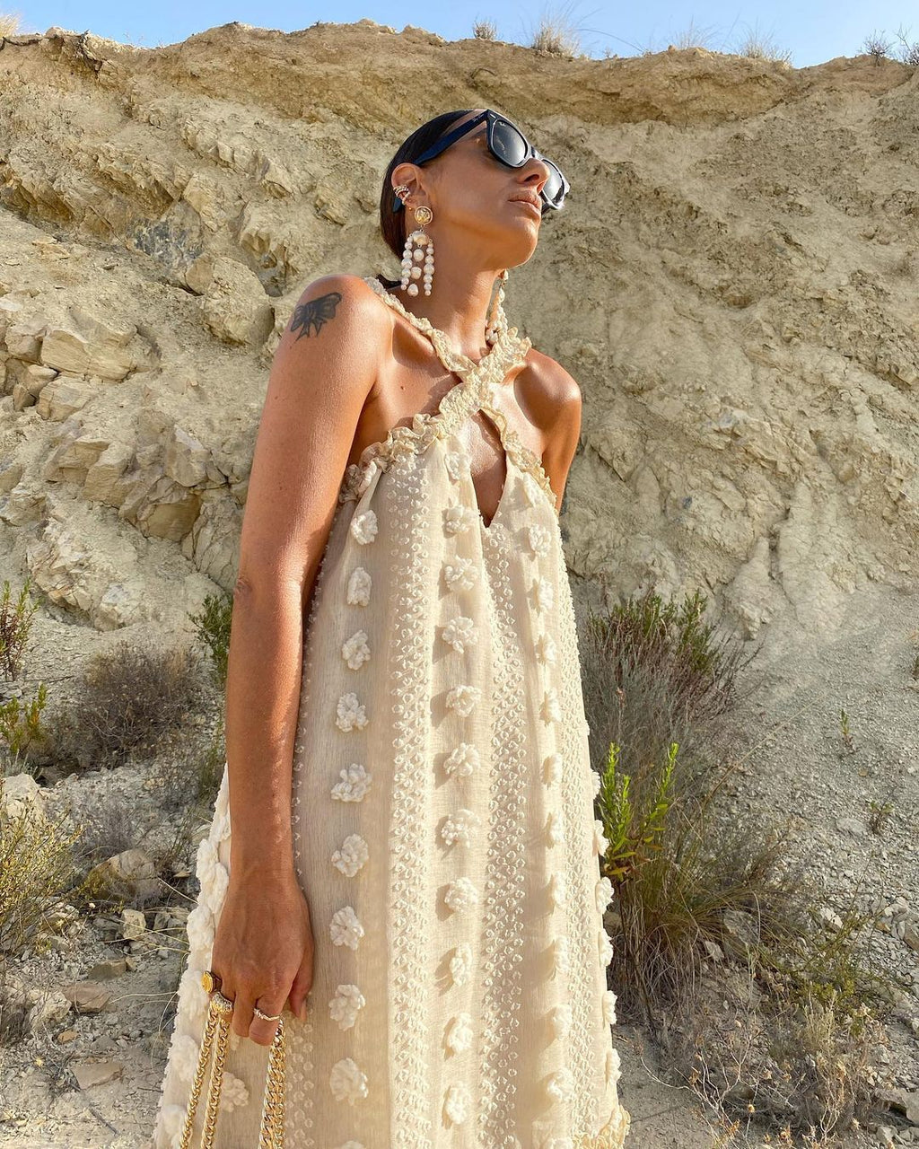 Beige Cross-Strappy Tip Floral Texture Midi Dress