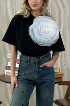 Loose T-shirt Three-dimensional Mesh Camellia Cotton Short-sleeved Top