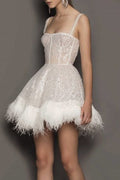 Feather Sequin Strapless Party Dress