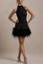Kate Minimalist Iridescent and Playful Stretch Mini Dress with High Neck Sequin Trim and Feather Statement Occasion Edit