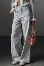 Light Blue Floral High Waist Wide Leg Jeans