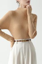 Elegant Apricot Mock Neck Long-Sleeve Pullover Knit Top