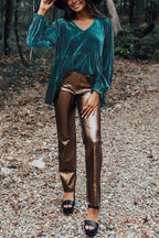 Sea Green Velvet V Neck Puff Sleeve Peplum Blouse