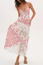 Fashionable Floral Print Lace Patchwork Hollow-out Slim Fit Vacation Ruffle Maxi Dress