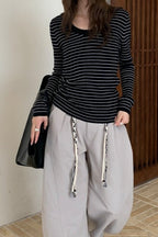 Wool Striped Round Neck Knit Top