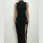 High neck sleeveless solid slit irregular midi dress