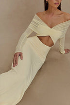 Mesh Patchwork See Through Full Sleeve Slash Neck Maxi Dress