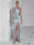 Chelsea Minimalist Satin Cocktail Dress with One Shoulder Boutique Collection