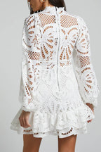 Multi-Color Cutout Lace Puff Sleeve Ruffle Hem Mini Dress