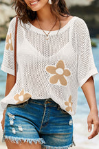 Floral Jacquard Loose-fitting Round Neck Short-sleeved Casual Knitted Cover-up