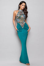 Jessas Green Neck Sequin Maxi Dress