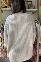 Fashionable Loose Spliced denim Pocket Knitted Sweater Cardigan