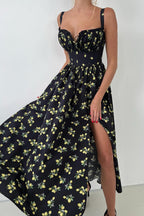 Floral Cami Tie High Waist Slit Midi Dress