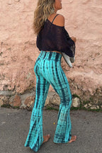 Fashionable tie dye printed pleated lace up waist elastic street bell bottom pants