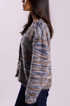 Fashionable Mixed Color Loose V-neck Casual Knit Cardigan