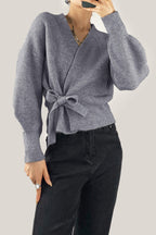 Grey Ribbed Knit Wrap Tie Side Cardigan