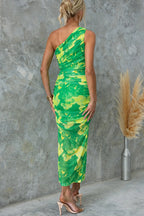 Night Blooms Mesh Overlay Printed One Shoulder Ruched Stretch Maxi Dress