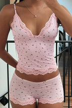 Chic Casual Floral Lace Sexy Cami Two Piece Set