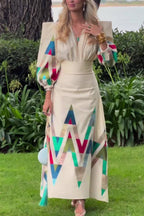 Vintage Geometric Print Padded Shoulder V-neck Waisted Maxi Dress