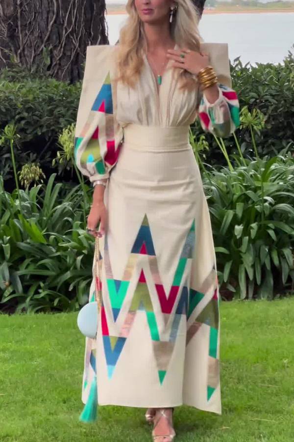 Vintage Geometric Print Padded Shoulder V-neck Waisted Maxi Dress