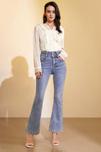 Ivory Floral Print Lace-Detail Chiffon Blouse
