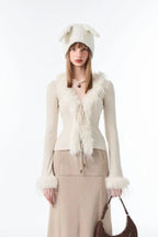Lace-Up V Neck Plush Cardigan