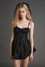 Black Floral Jacquard Ruched Corset Detail Mini Dress