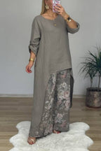 Irregular Linen Tunic & Vintage Floral Wide Leg Pant 2-Piece Set