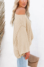 Apricot Solid Color Ribbed Knit 3/4 Sleeve Pullover Sweater