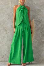 Gette Linen Blend Slit Front Top and High Rise Knoted Pocket Wide Leg Pants Set