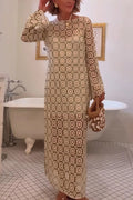 Summer Fashion Floral Crochet Cutout Fabric Long Sleeve Slit Vacation Midi Dress