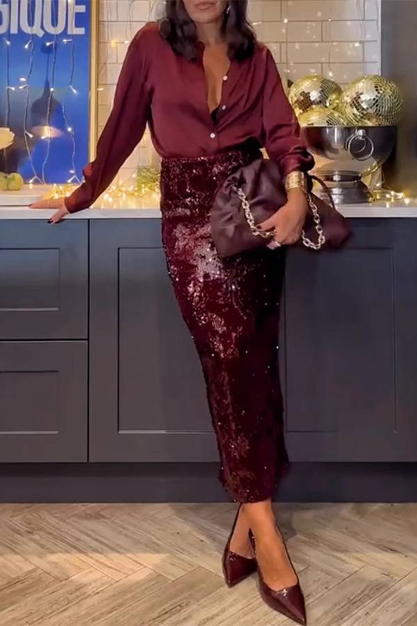Sequined slit skirt