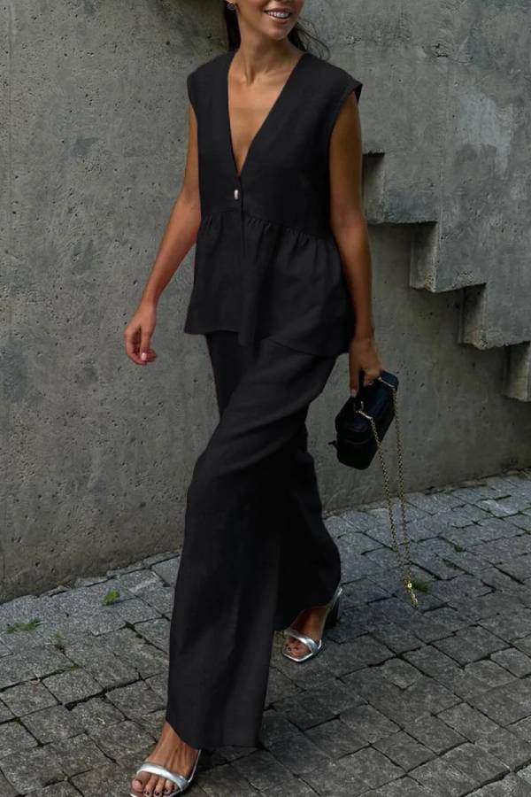 V-Neck Sleeveless Ruffled Peplum Top + Wide-Leg Pants Linen Set
