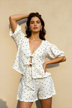 Cotton printed puff sleeve shorts vacation set