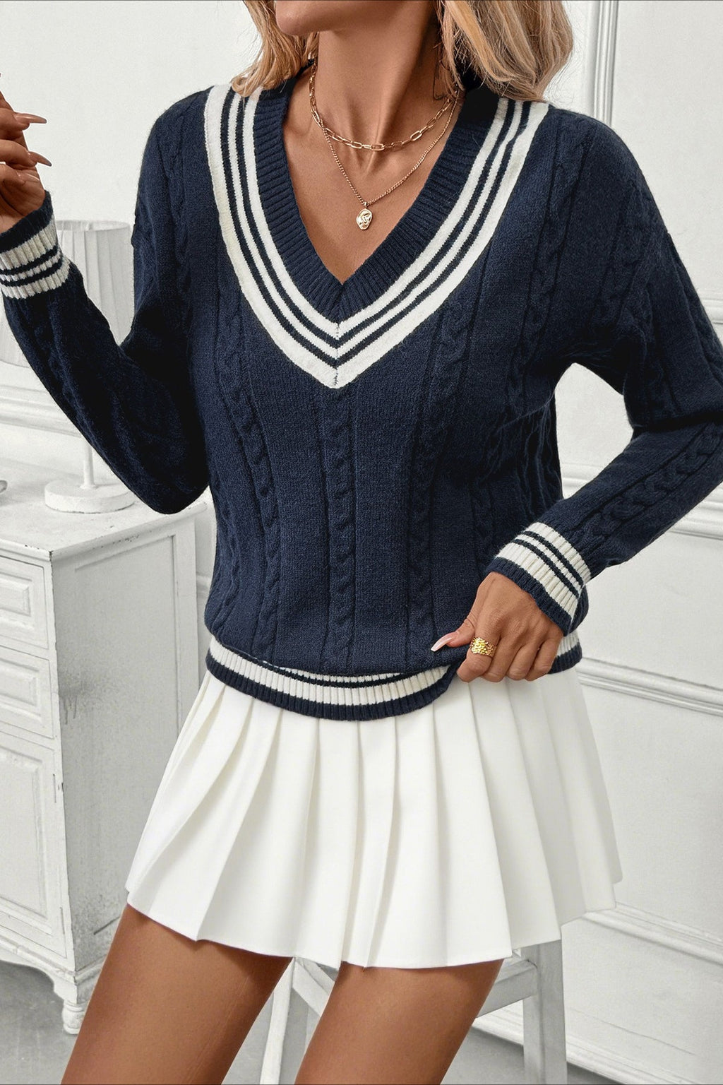 Contrast VNeck Cable Knit Sweater