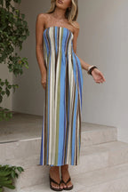 Color Striped Print Sleeveless Off-Shoulder Gathered Casual Maxi Dress