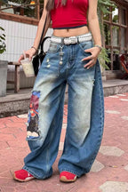 Loose Fit Cartoon Patch Wide Leg Jeans